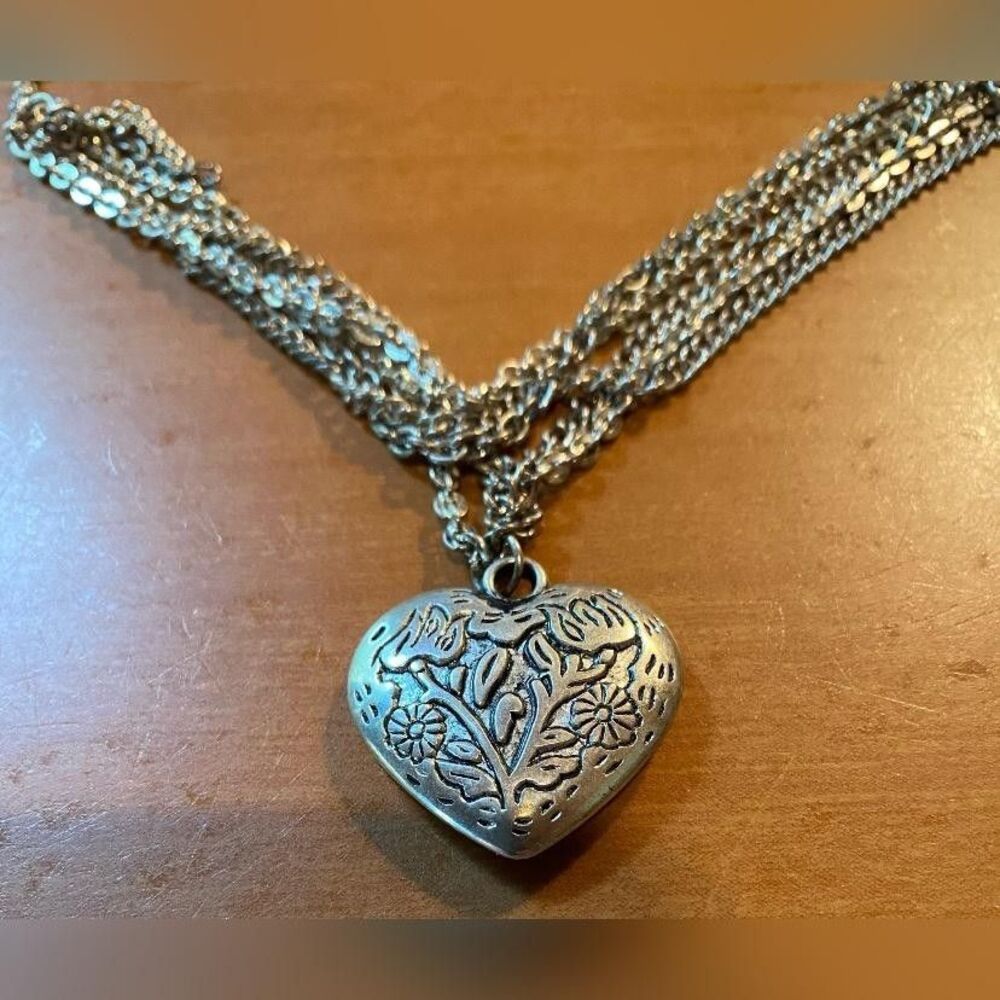 Vintage Heart Pendant Necklace Floral Engraved Multi Strand Silver Tone 21 Inch